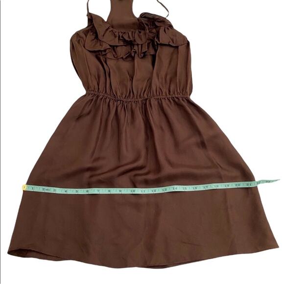 WM New York Design Brown Silk Ruffle Front Dress, Size Petite Small - Picture 10 of 13